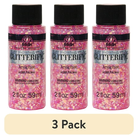 (3 pack) FolkArt 44388E Glitterific Acrylic Craft Paint, Glitter Finish, Pink Neon, 2 fl oz