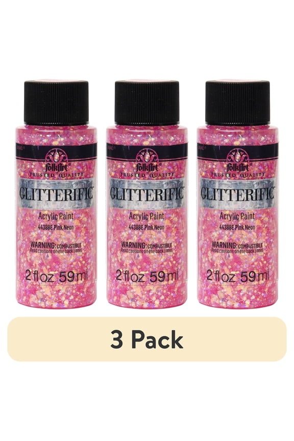 (3 pack) FolkArt Glitterific Acrylic Craft Paint, Glitter Finish, Pink Neon, 2 fl oz