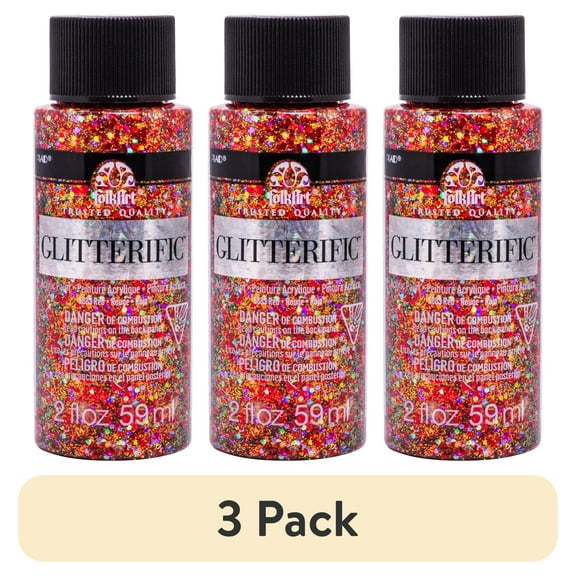 (3 pack) FolkArt Glitterific Acrylic Craft Paint, Glitter Finish, Red, 2 fl oz