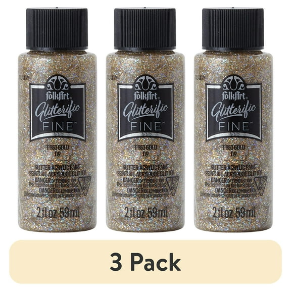 (3 pack) FolkArt Glitterific Fine Acrylic Craft Paint, Gold, 2 fl oz