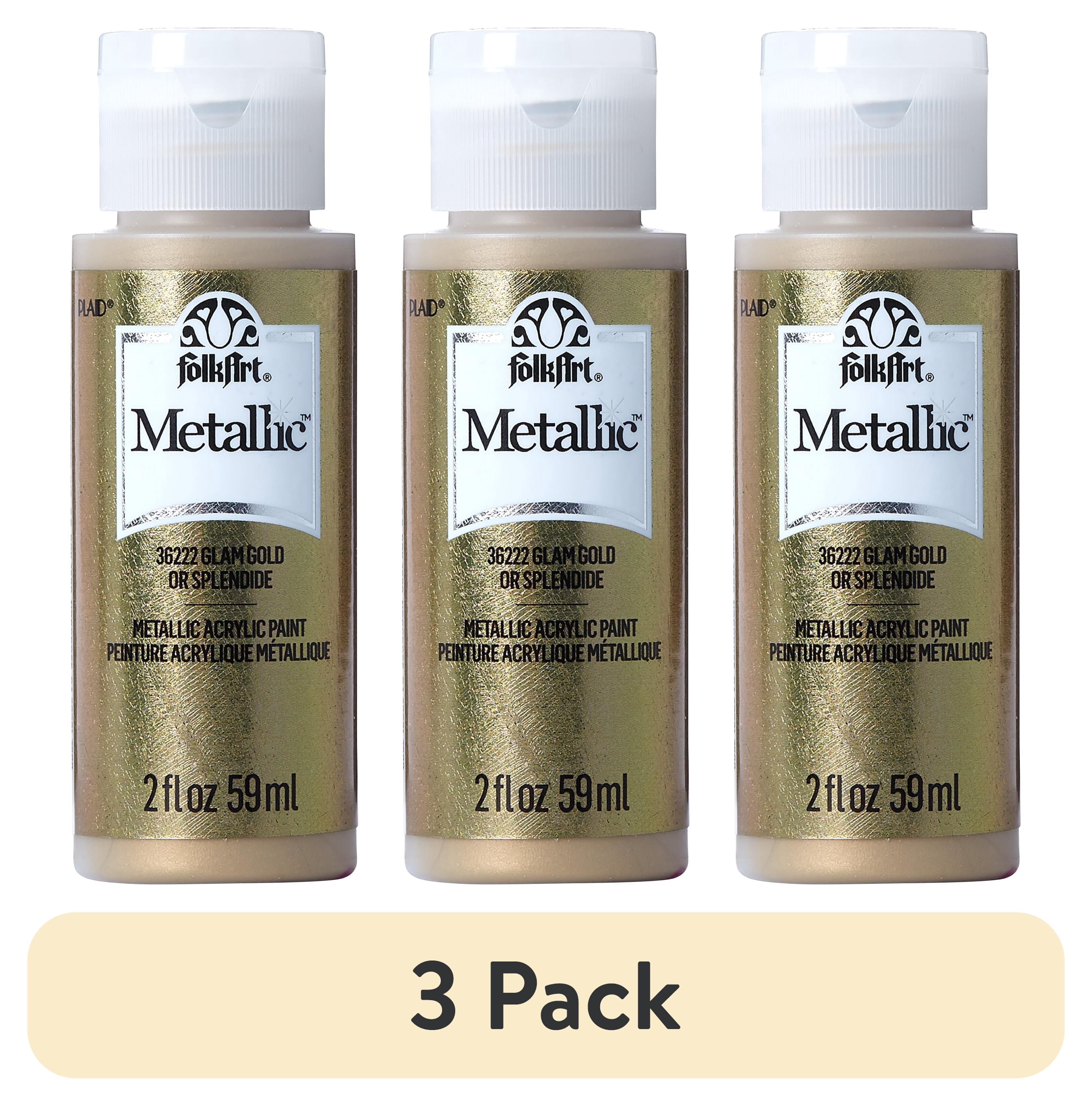 (3 pack) FolkArt Metallic Acrylic Craft Paint, Metallic Finish, Glam Gold, 2 fl oz