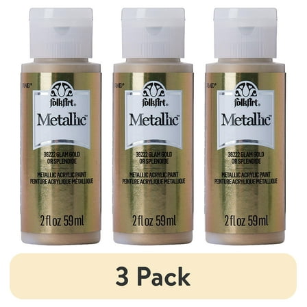 (3 pack) FolkArt Metallic Acrylic Craft Paint, Metallic Finish, Glam Gold, 2 fl oz