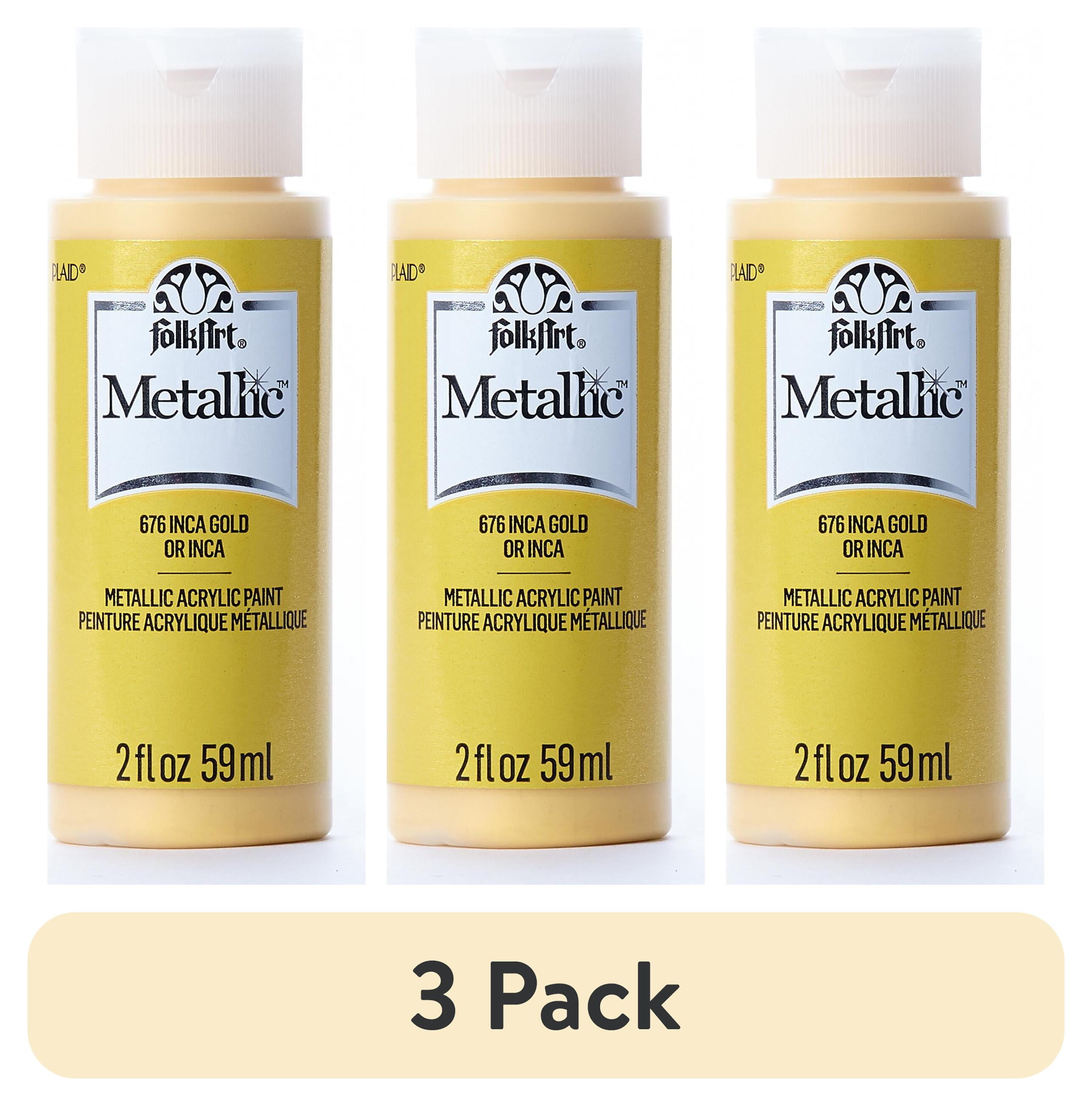 (3 pack) FolkArt Metallic Acrylic Craft Paint, Metallic Finish, Inca Gold, 2 fl oz