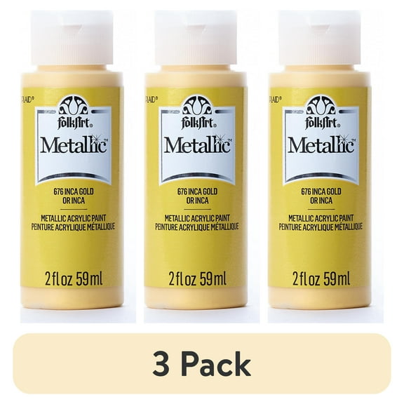 (3 pack) FolkArt 676E Metallic Acrylic Craft Paint, Metallic Finish, Inca Gold, 2 fl oz