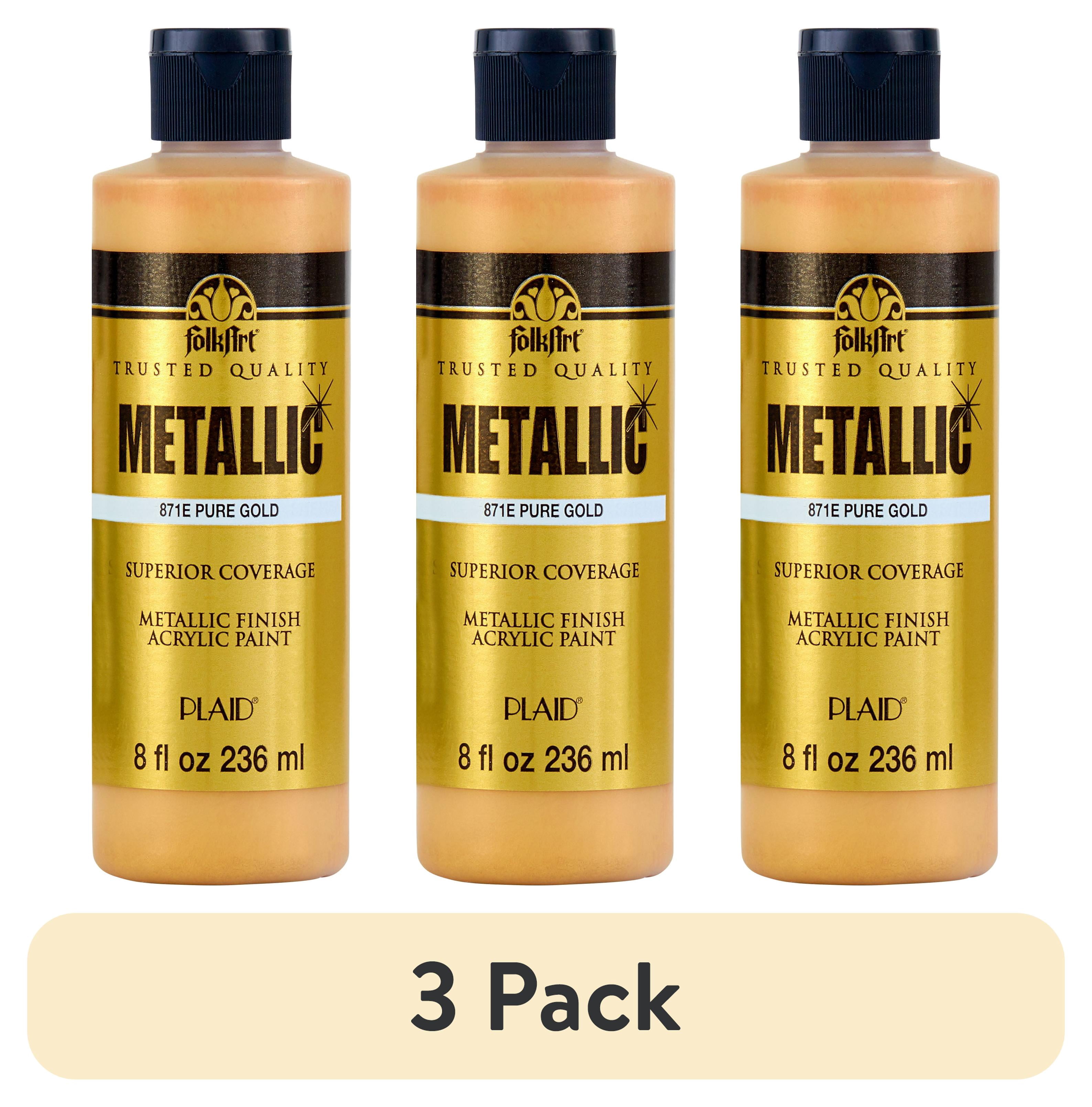 (3 pack) FolkArt Metallic Acrylic Craft Paint, Metallic Finish, Pure Gold, 8 fl oz