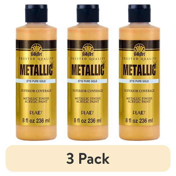 (3 pack) FolkArt Metallic Acrylic Craft Paint, Metallic Finish, Pure Gold, 8 fl oz