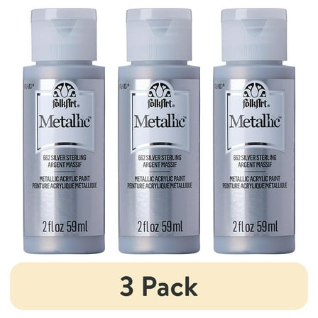 (3 pack) FolkArt Metallic Acrylic Craft Paint, Metallic Finish, Silver Sterling, 2 fl oz