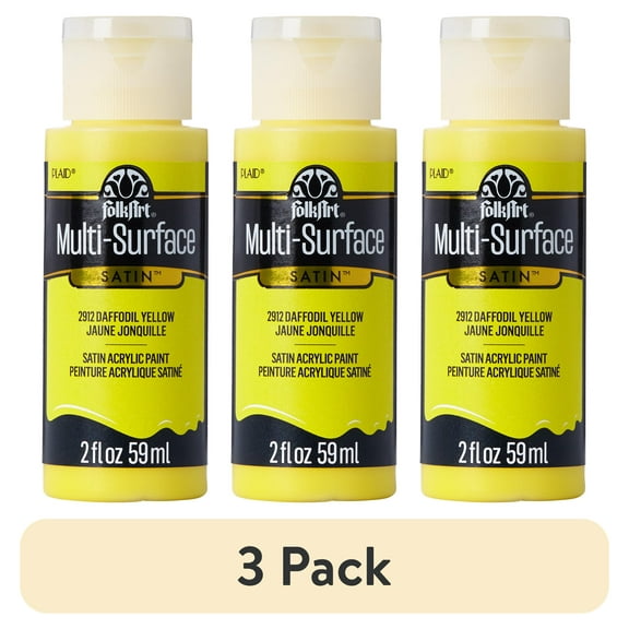 (3 pack) FolkArt Multi-Surface Acrylic Craft Paint, Satin Finish, Daffodil Yellow, 2 fl oz