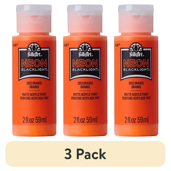 (3 pack) FolkArt Neon Blacklight Acrylic Craft Paint, Matte Finish, Orange, 2 fl oz