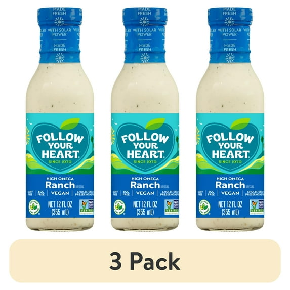 (3 pack) Follow Your Heart Egg Free, Plant Based, Dairy Free, Gluten Free, Vegan Ranch Dressing, 12 oz Bottle