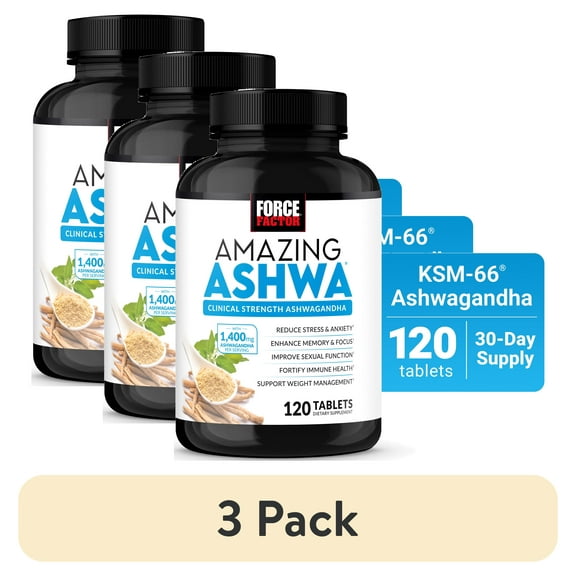 (3 pack) Force Factor Amazing Ashwa with KSM-66 Ashwagandha for Stress Relief, Cortisol Balance, Memory, Focus & Immune Health, Clinical Strength, 120 Tablets