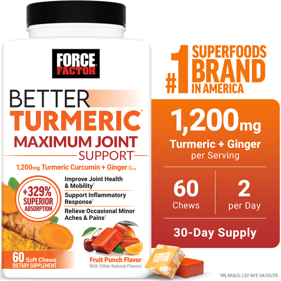 (3 pack) Force Factor Better Turmeric Maximum Joint Support, Turmeric Curcumin & Ginger to Support Inflammation, Mobility & Comfort, Fruit Punch, 60 Soft Chews