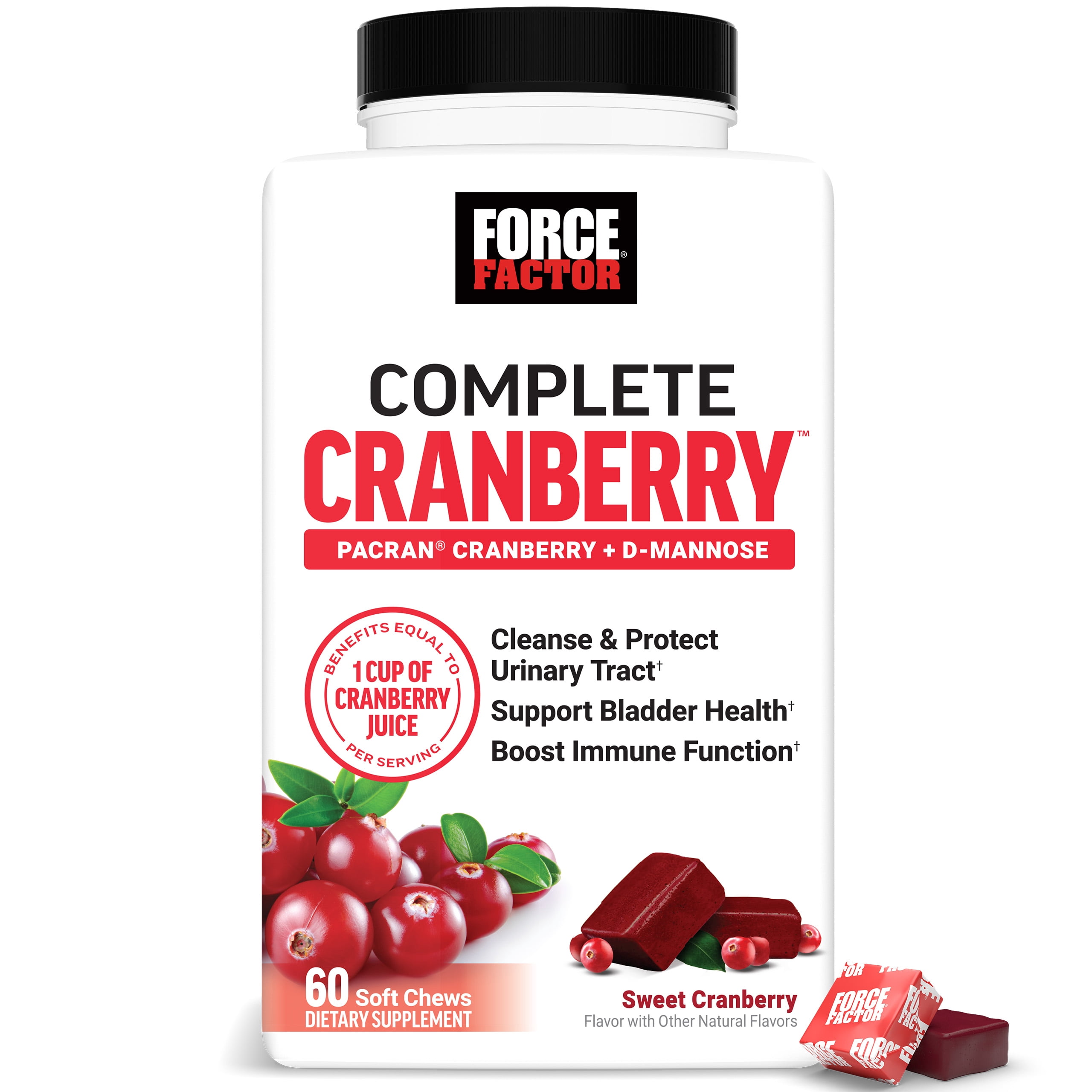 (3 pack) Force Factor Cranberry Soft Chews, Cranberry Supplement with D Mannose and Cranberry Extract to Support Bladder and Urinary Tract Health for Women, Vegan, Sweet Cranberry Flavor, 60 Soft Chews
