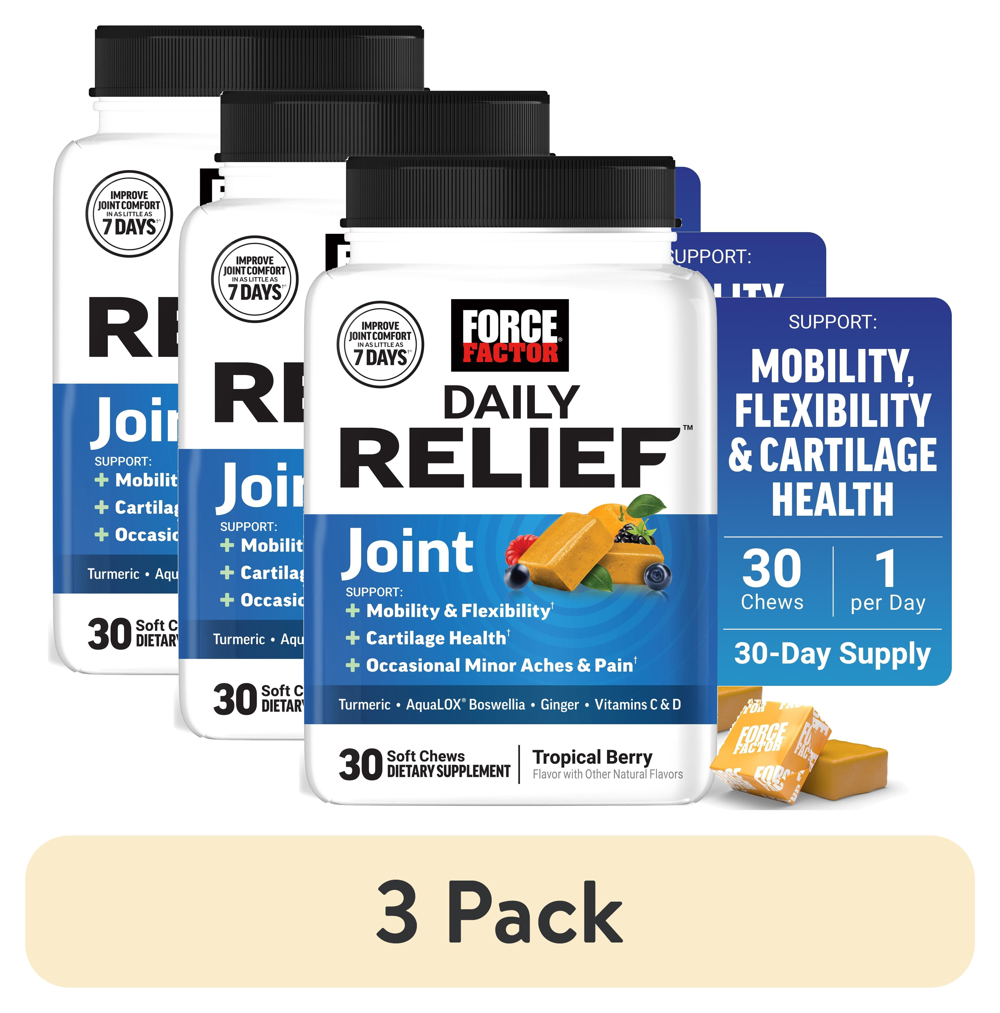 (3 pack) Force Factor Daily Relief Joint Support Soft Chews with Turmeric, Boswellia & Ginger for Mobility & Health, Tropical Berry, 30 Count