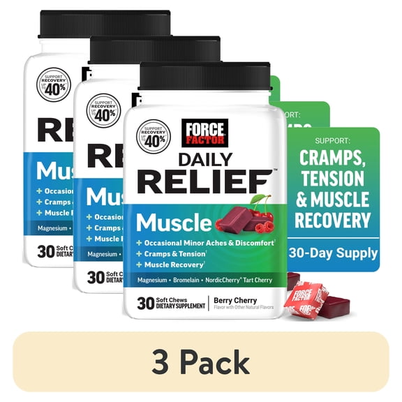 (3 pack) Force Factor Daily Relief Muscle Support, Magnesium Glycinate, Tart Cherry & Bromelain for Muscle Relaxation & Recovery, Berry Cherry, 30 Soft Chews