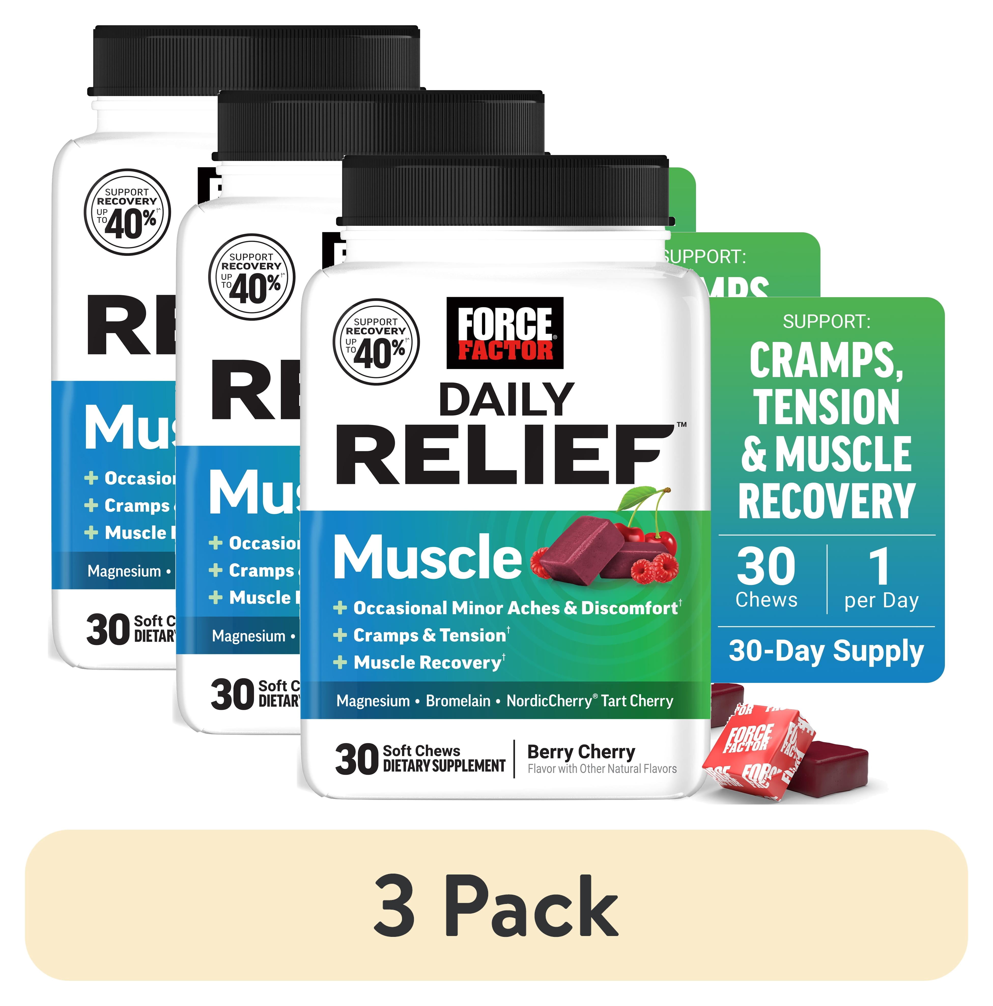 (3 pack) Force Factor Daily Relief Muscle Support, Magnesium Glycinate, Tart Cherry & Bromelain for Muscle Relaxation & Recovery, Berry Cherry, 30 Soft Chews