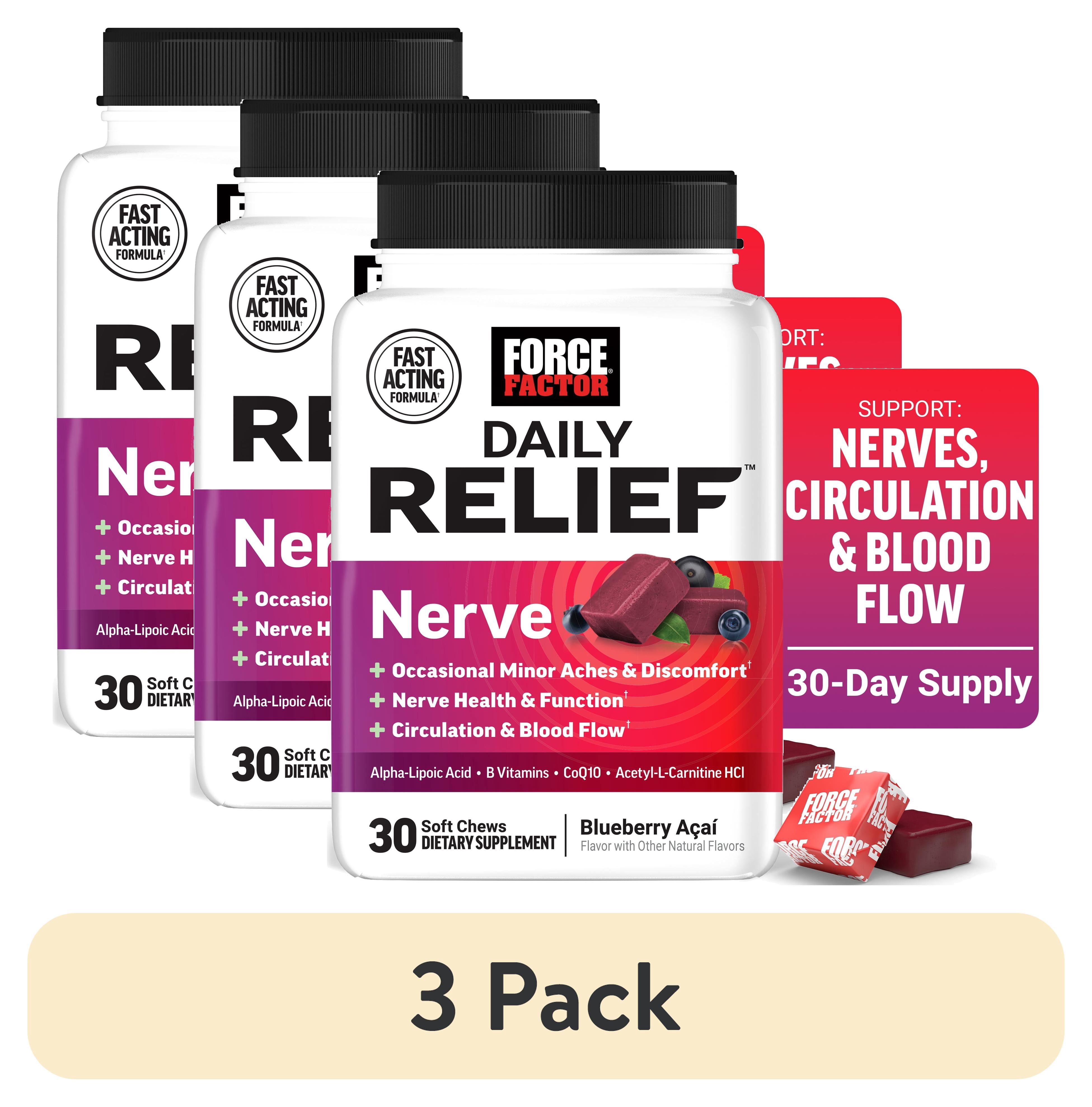 (3 pack) Force Factor Daily Relief Nerve Support Soft Chews with Alpha Lipoic Acid & B Vitamins, 30 Mixed Berry Flavor