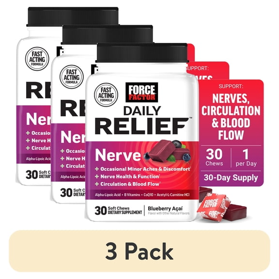 (3 pack) Force Factor Daily Relief Nerve Support Soft Chews with Alpha Lipoic Acid & B Vitamins, 30 Mixed Berry Flavor