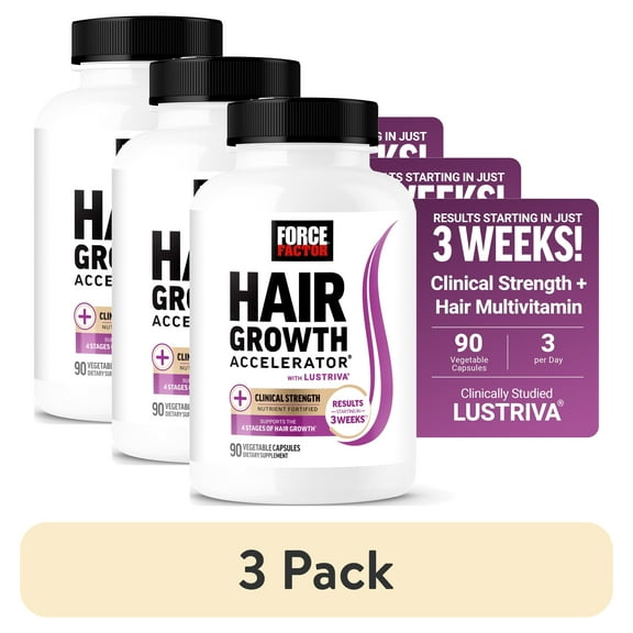 (3 pack) Force Factor Hair Growth Accelerator, Hair Growth Vitamins for Women & Men with Clinically Studied Lustriva, Biotin & Ashwagandha, 90 Capsules
