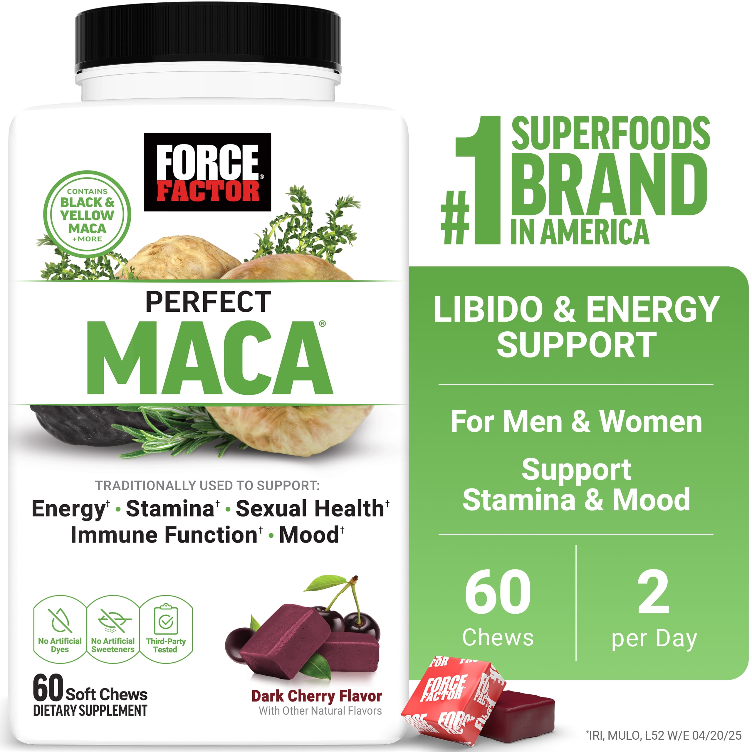 (3 pack) Force Factor Perfect Maca, Black & Yellow Maca Root Supplement with DIM & Saffron for Mood, Hormone, & Energy Support, Dark Cherry, 60 Soft Chews