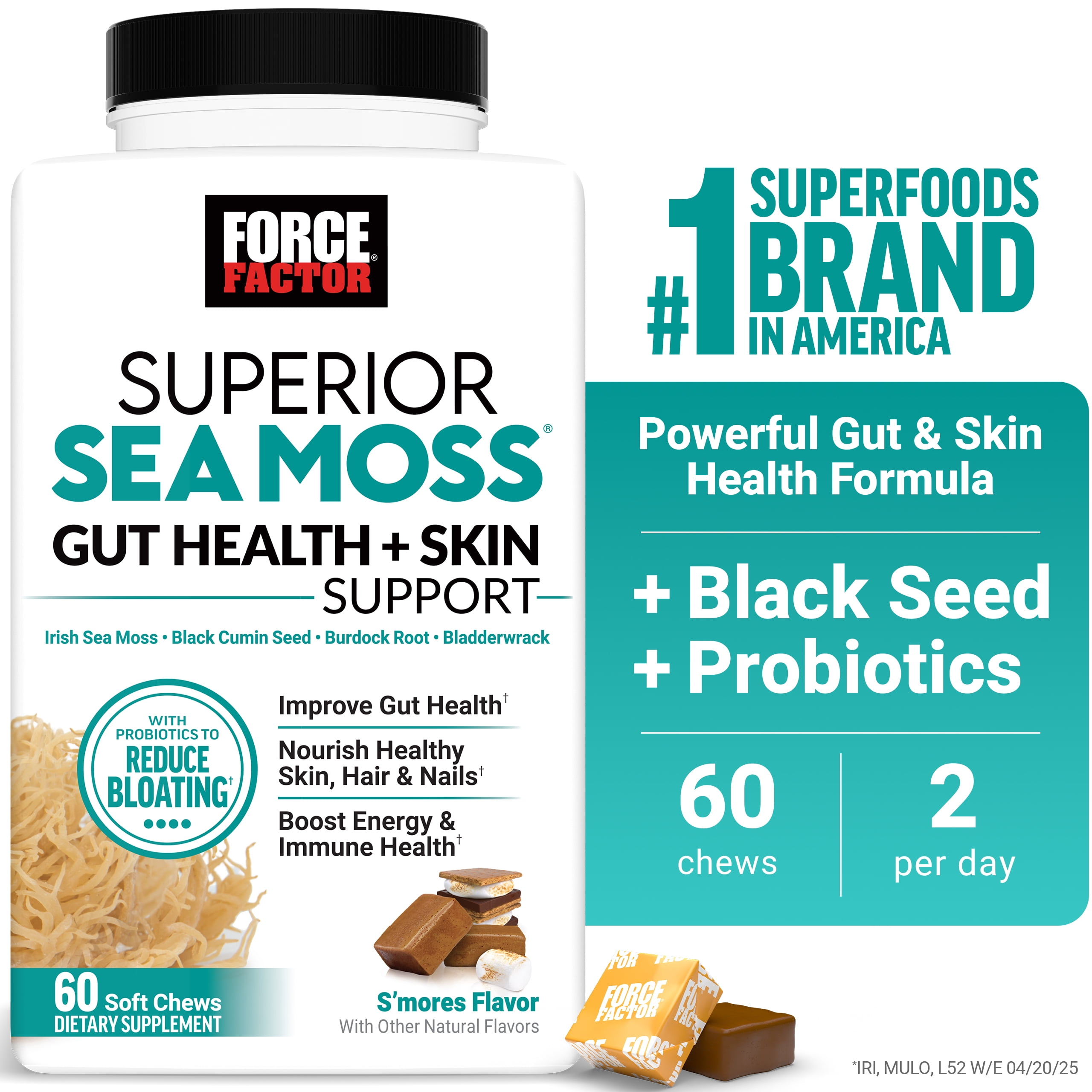 (3 pack) Force Factor Superior Sea Moss Gut Health + Skin Support with Irish Sea Moss, Probiotics, Biotin, Black Seed & Burdock Root, S’mores, 60 Soft Chews