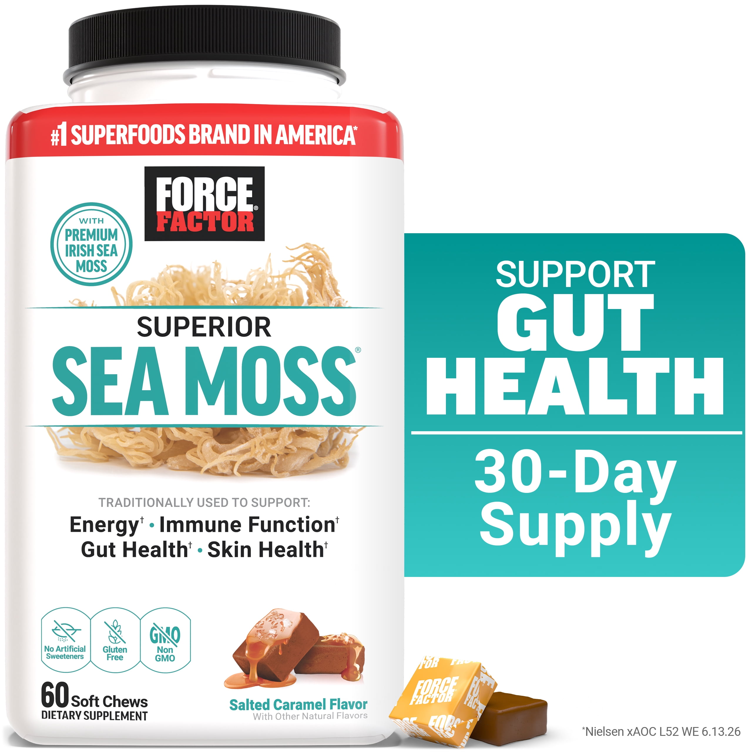(3 pack) Force Factor Superior Sea Moss, Irish Sea Moss for Energy, Immune Function, Gut & Skin Health, Gluten Free, Non-GMO, Salted Caramel, 60 Soft Chews