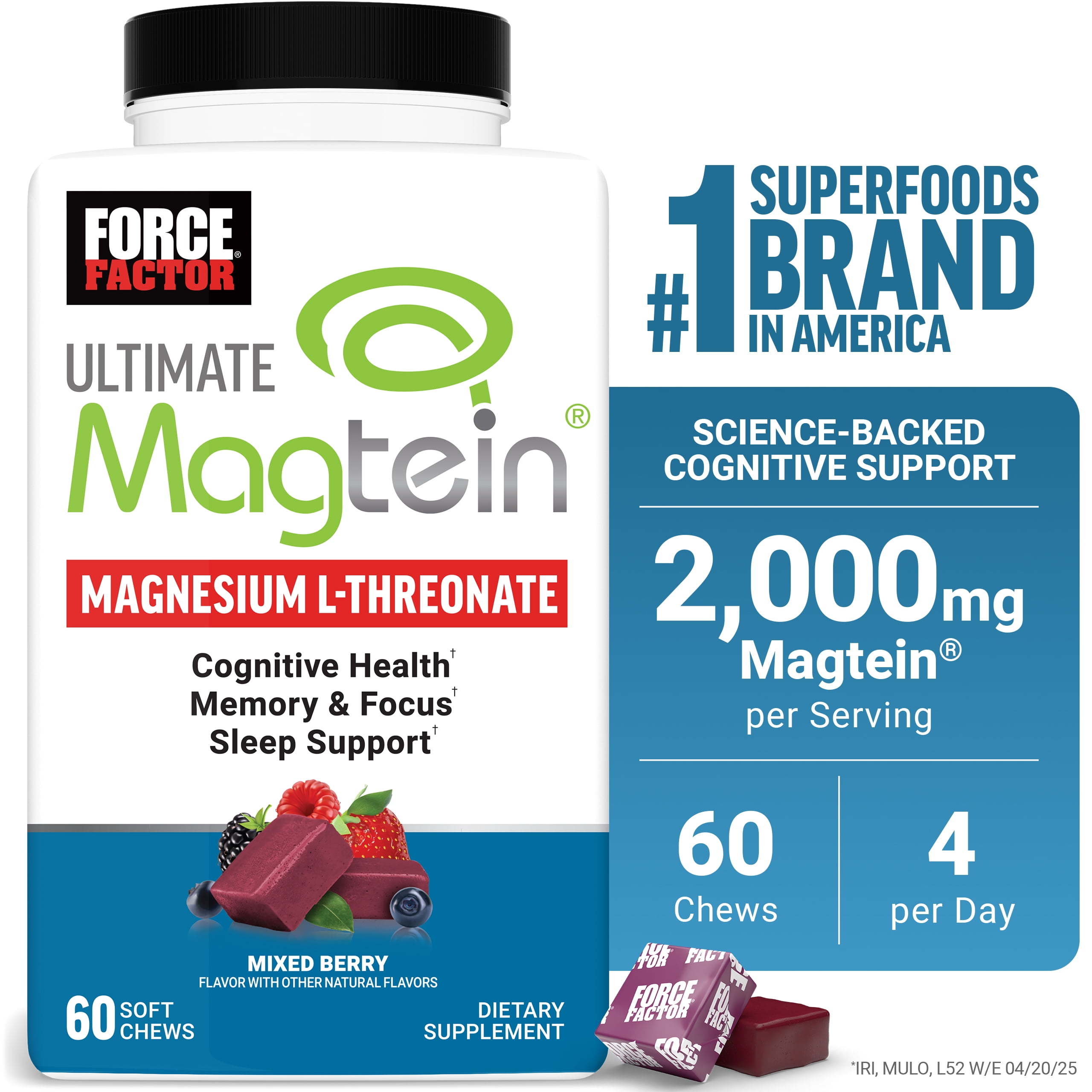 (3 pack) Force Factor Ultimate Magtein with Magnesium L-Threonate for Cognitive Health, Memory & Sleep, Clinically Studied Magtein, Mixed Berry, 60 Soft Chews