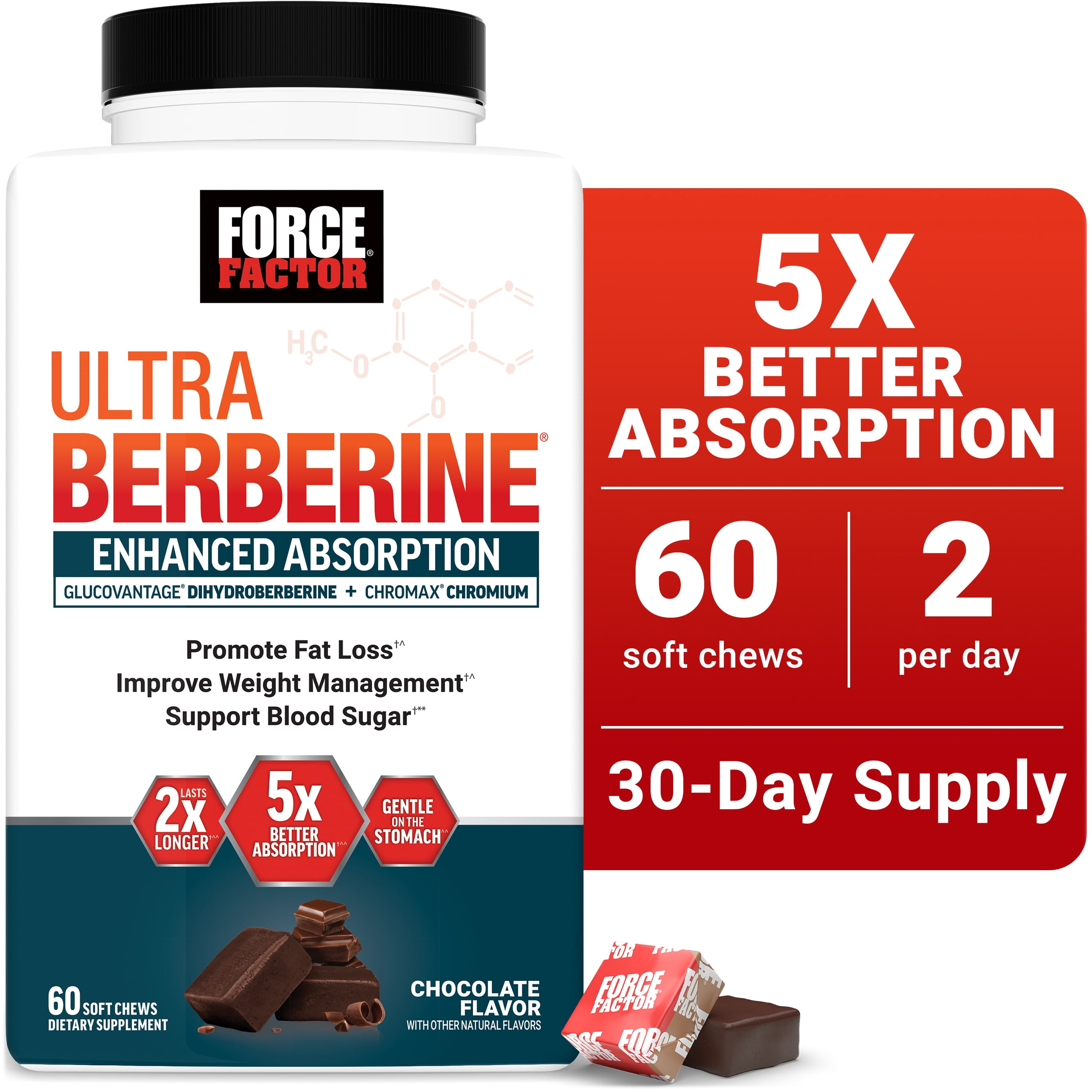 (3 pack) Force Factor Ultra Berberine Enhanced Absorption for Fat Loss, Blood Sugar & Metabolism Support, Gentle on The Stomach, Chocolate, 60 Soft Chews