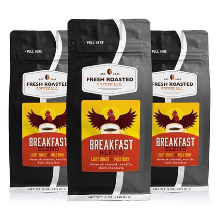 3 pack Fresh Roasted Coffee, Breakfast Blend Coffee, Light Roast, Whole Bean, 12 oz