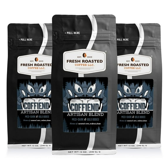 3 pack Fresh Roasted Coffee, Coffiend Blend Coffee, Medium-Dark Roast, Whole Bean, 12 oz
