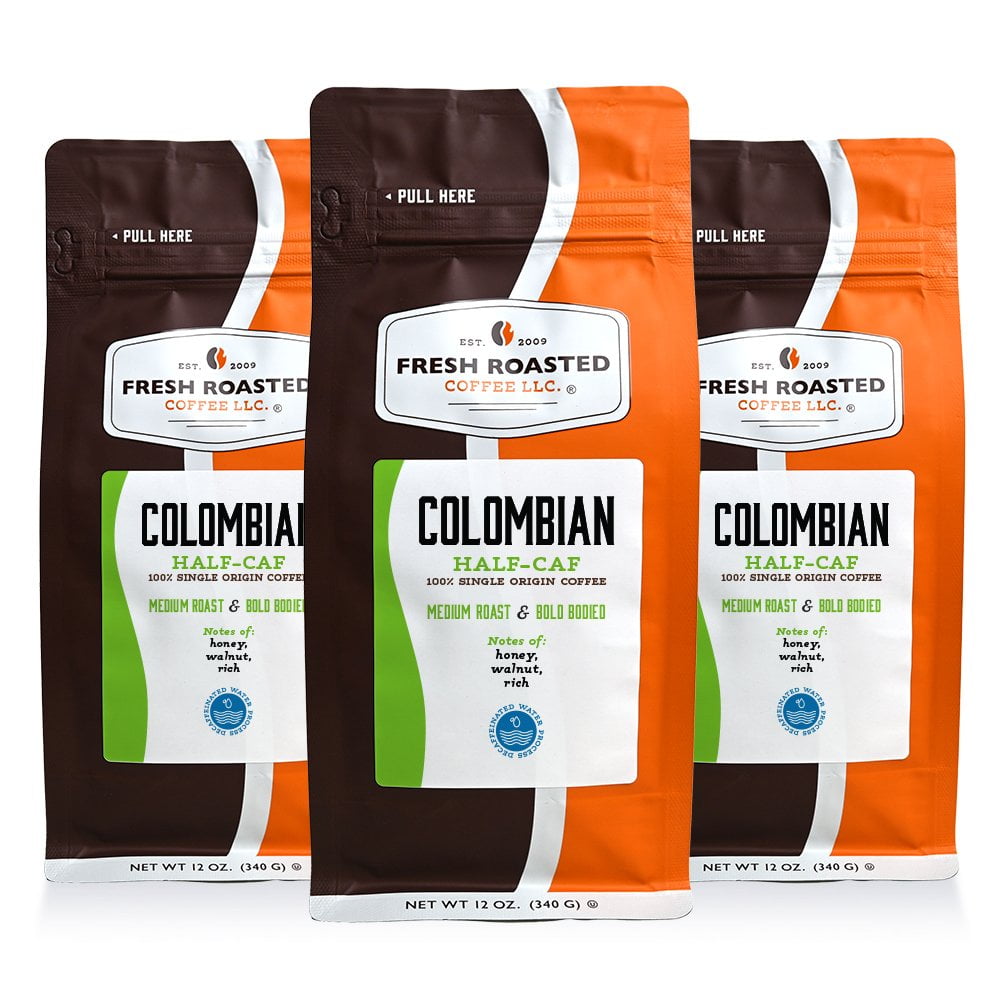 3 pack Fresh Roasted Coffee, Colombian Water-Processed Half Caf Coffee, Ground, 12 oz