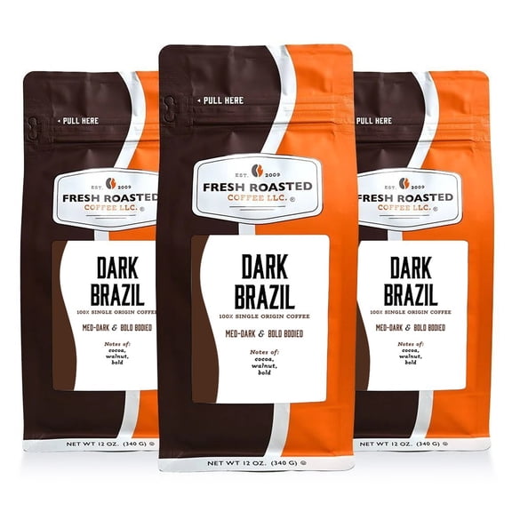 3 pack Fresh Roasted Coffee, Dark Brazil Cerrado Coffee, Dark Roast, Ground, 12 oz