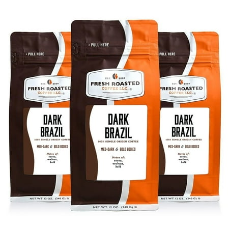 3 pack Fresh Roasted Coffee, Dark Brazil Cerrado Coffee, Dark Roast, Whole Bean, 12 oz