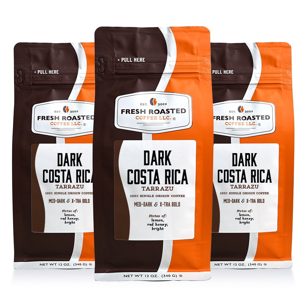 3 pack Fresh Roasted Coffee, Dark Costa Rican Tarrazu Coffee, Dark Roast, Whole Bean, 12 oz