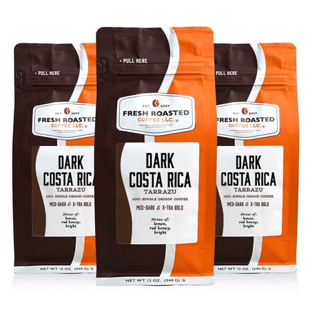 3 pack Fresh Roasted Coffee, Dark Costa Rican Tarrazu Coffee, Dark Roast, Whole Bean, 12 oz