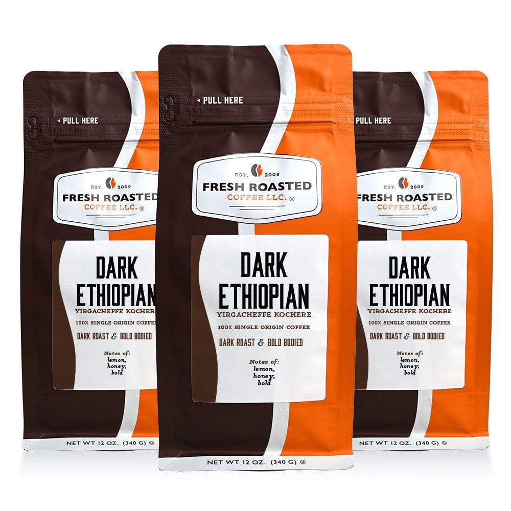 3 pack Fresh Roasted Coffee, Dark Ethiopian Yirgacheffe Kochere Coffee, Ground, 12 oz