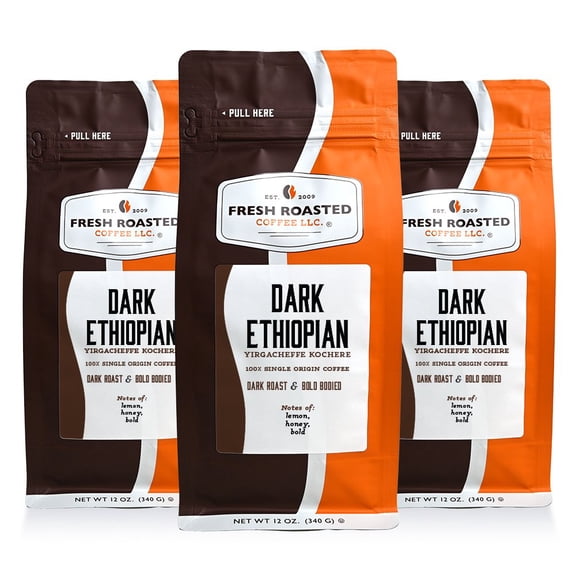 3 pack Fresh Roasted Coffee, Dark Ethiopian Yirgacheffe Kochere Coffee, Dark Roast, Whole Bean, 12 oz
