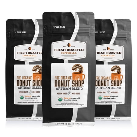 3 pack Fresh Roasted Coffee, Organic Donut Shop Blend Coffee, Medium Roast, Ground, 12 oz