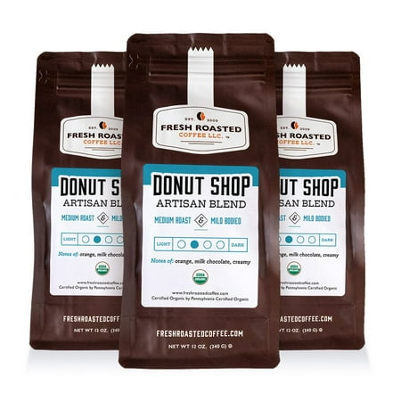 3 pack Fresh Roasted Coffee, Donut Shop Blend Coffee, Medium Roast, Whole Bean, 12 oz