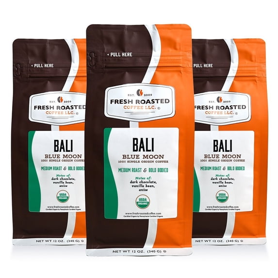 3 pack Fresh Roasted Coffee, Organic Bali Blue Moon Coffee, Medium Roast, Whole Bean, 12 oz