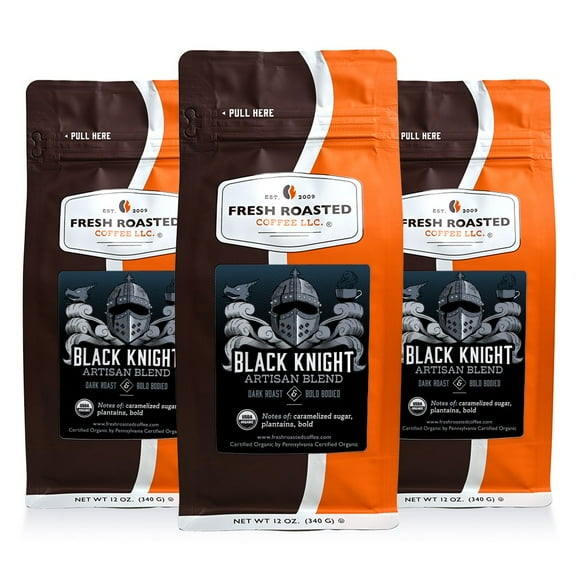 3 pack Fresh Roasted Coffee, Organic Black Knight Blend Coffee, Dark Roast, Ground, 12 oz