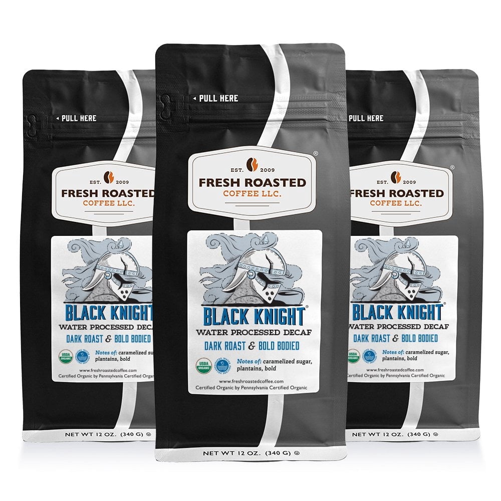 3 pack Fresh Roasted Coffee, Organic Black Knight WP Decaf Coffee, Dark Roast Whole Bean, 12 oz