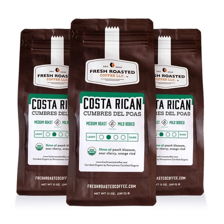 3 pack Fresh Roasted Coffee, Organic Costa Rican Coffee, Medium Roast, Ground, 12 oz