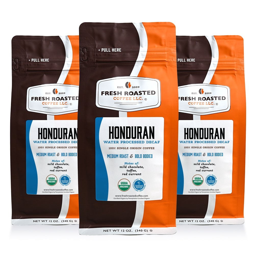 3 pack Fresh Roasted Coffee, Organic Honduran Water-Processed Decaf Coffee, Medium Roast, Ground, 12 oz
