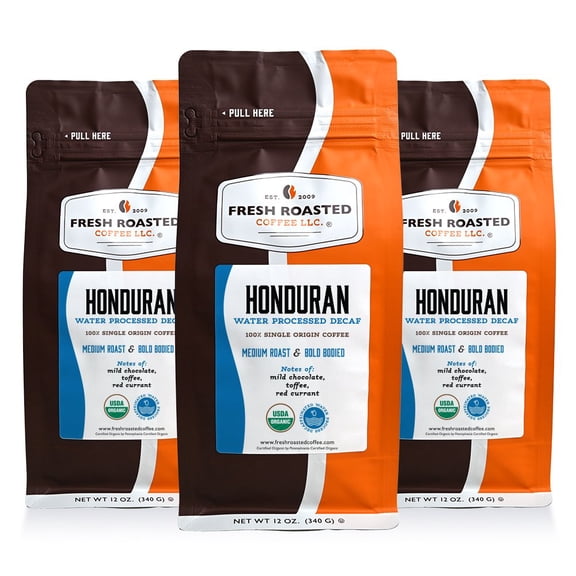 3 pack Fresh Roasted Coffee, Organic Honduran Water-Process Decaf Coffee, Medium Roast, Ground, 12 oz