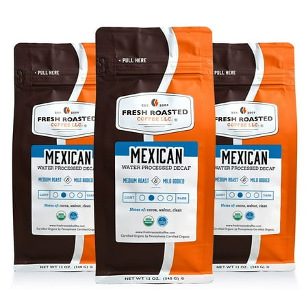 3 pack Fresh Roasted Coffee, Organic Mexican Swiss Water Decaf Coffee, Medium Roast, Ground, 12 oz