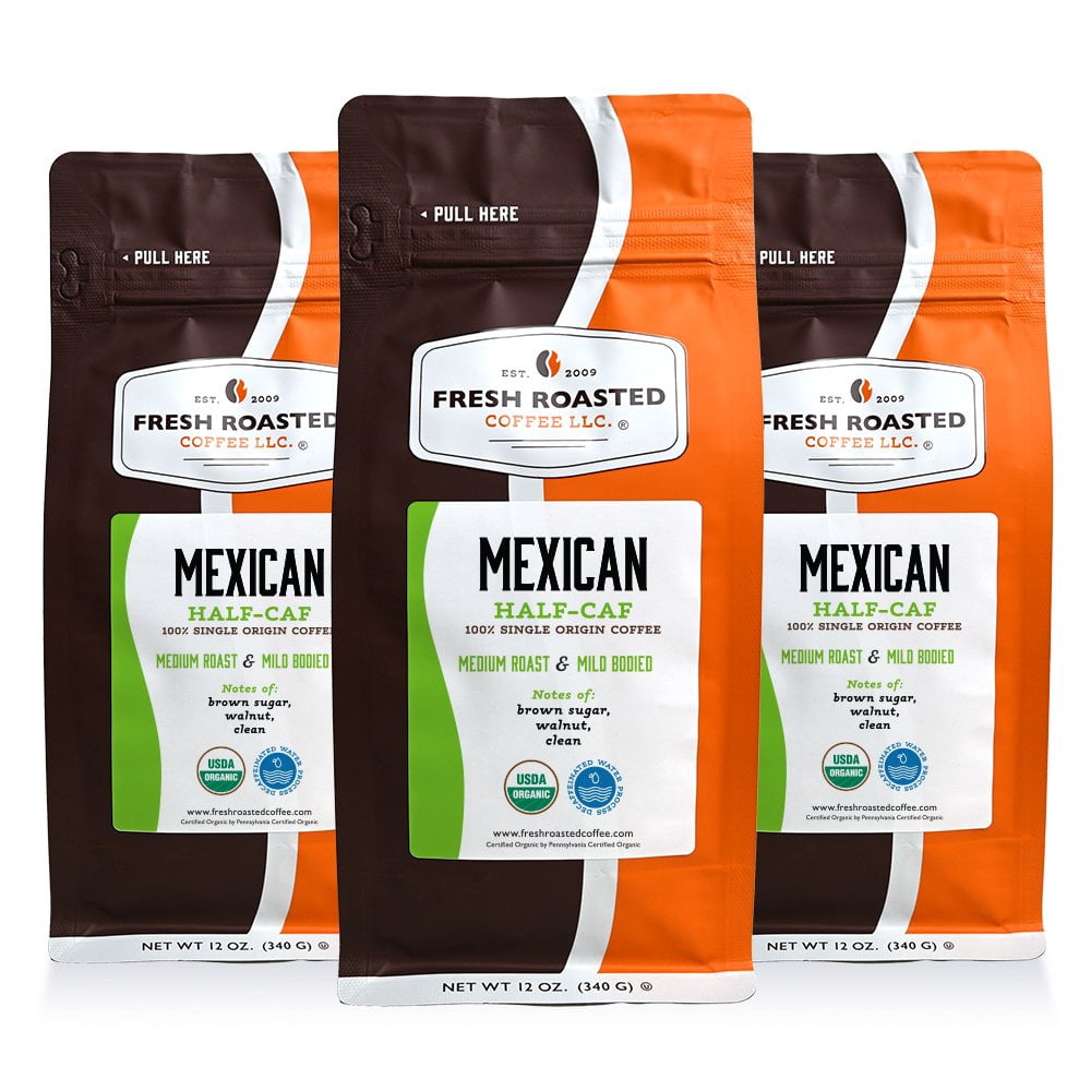 3 pack Fresh Roasted Coffee, Organic Mexican Swiss Water Half Caf Coffee, Medium Roast, Whole Bean, 12 oz