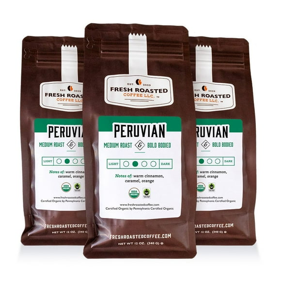 3 pack Fresh Roasted Coffee, Organic Peru Coffee, Medium Roast, Ground, 12 oz