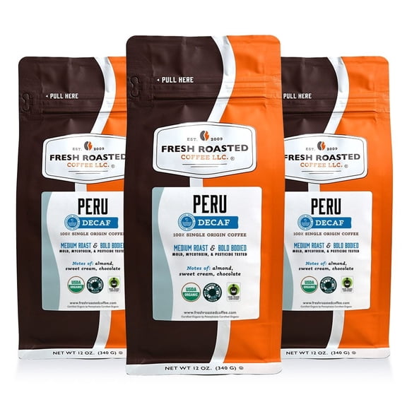 3 pack Fresh Roasted Coffee, Organic Peru Water-Processed Decaf Coffee, Medium Roast, Ground, 12 oz