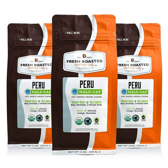 3 pack Fresh Roasted Coffee, Organic Peru Water-Processed Half Caf Coffee, Ground, 12 oz